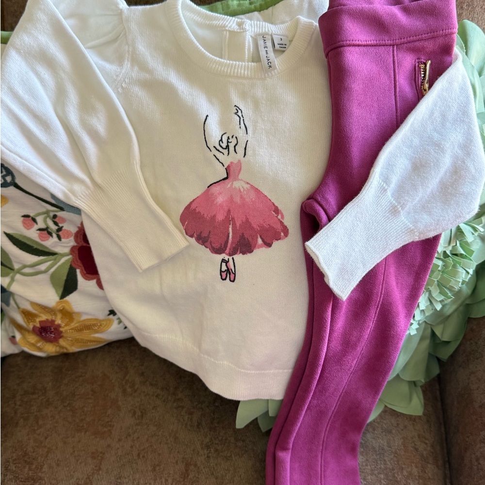 Janie and Jack Sweater Pink Ballerina Design and Pink Sueded City Pants Girls 3T